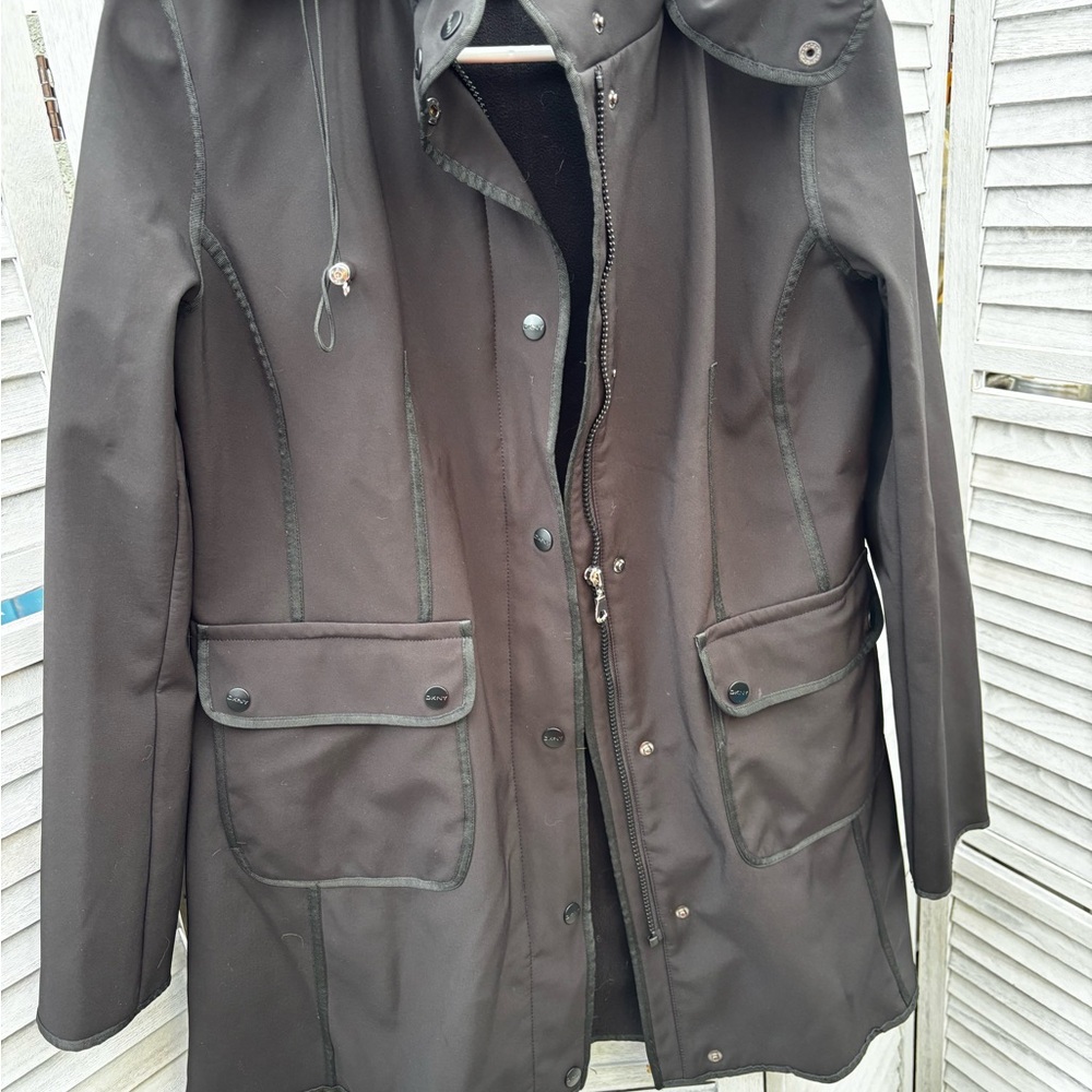 DKNY Men’s Brown Hooded Raincoat with Front Zip and Snap Pockets